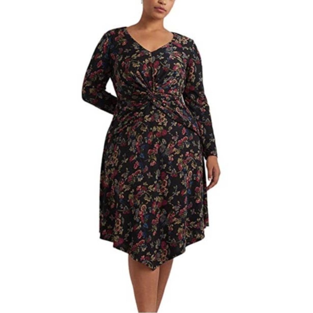 Lauren Ralph Lauren Black Moody Floral Surplice Stretch Jersey Midi Dress 16
